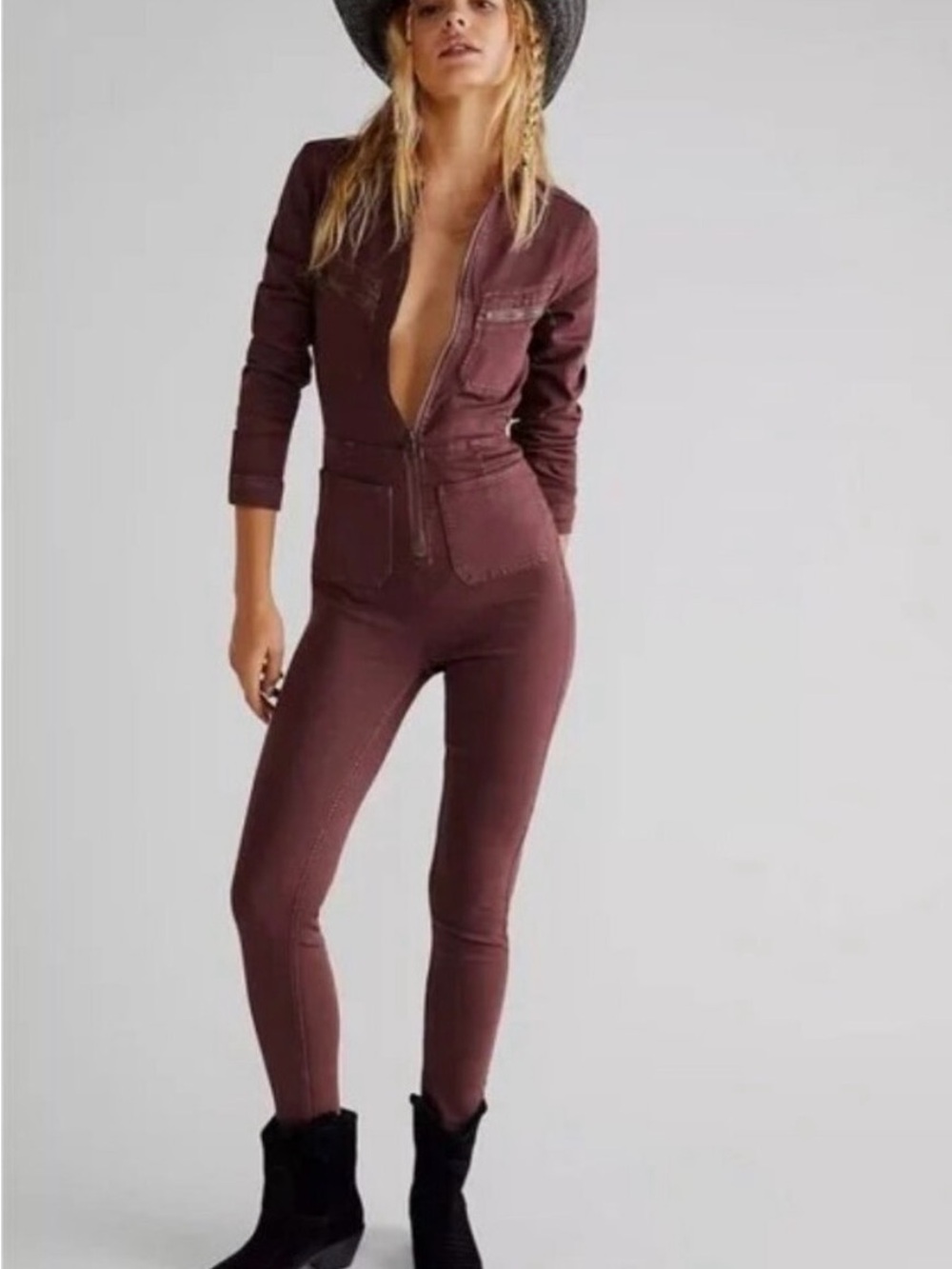 Free People Lennox Jumpsuit Sz  Small Utility Pockets Burgundy Brown Bitter Bark - Picture 2 of 15